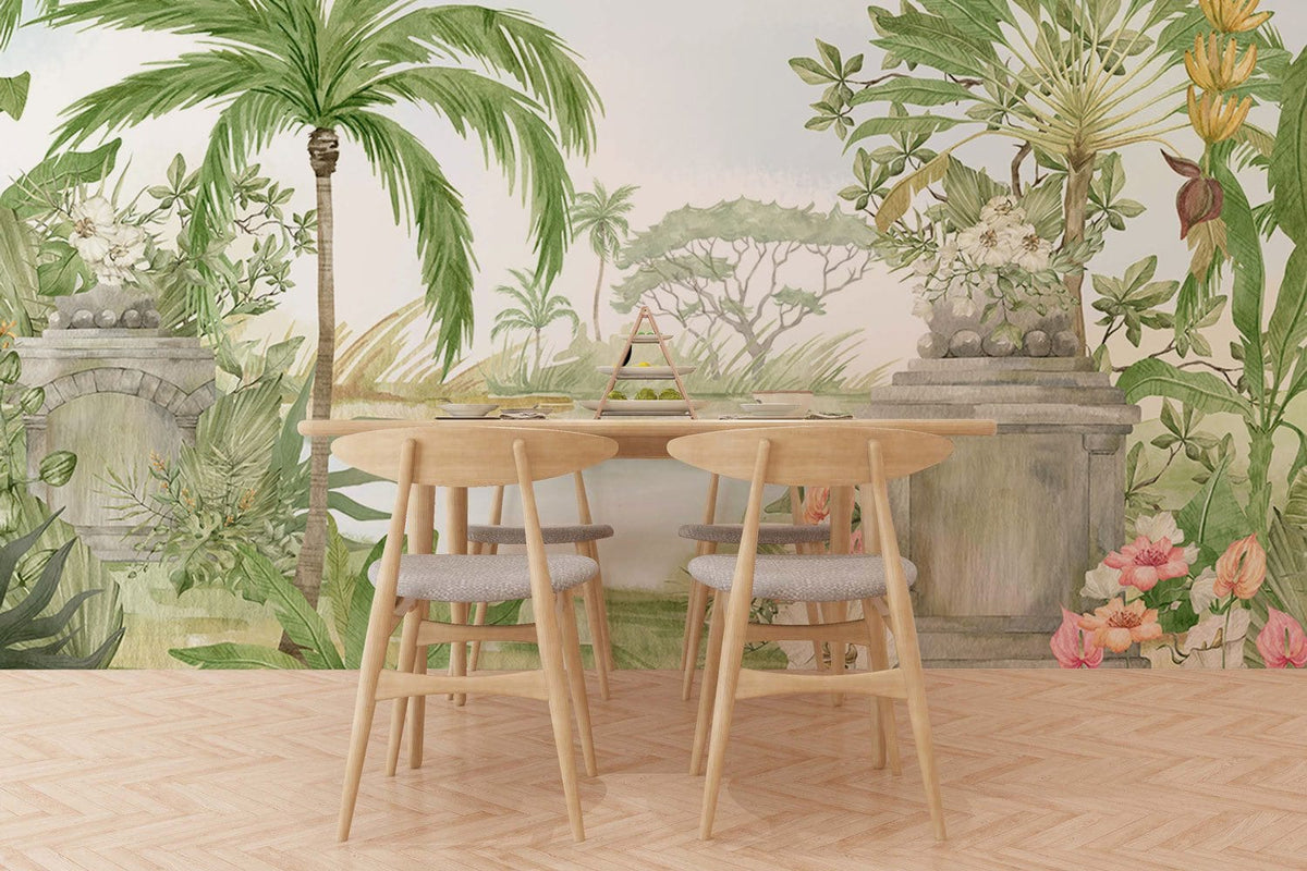 Tropical Oasis Mural Wallpaper behind light wood dining set in room with pale parquet flooring.