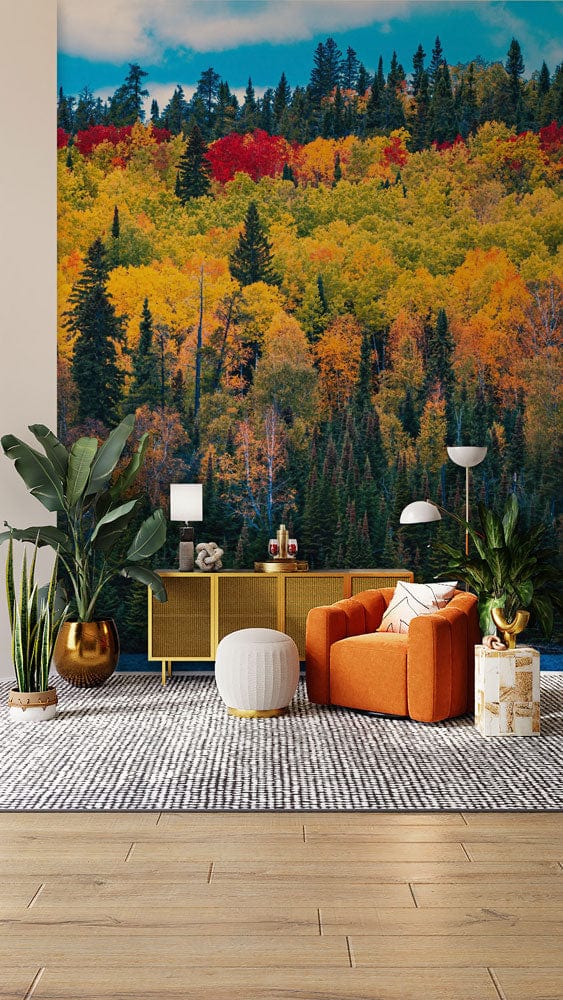 Vibrant autumn forest mural wallpaper in living room, orange sofa, wooden flooring, green plants.