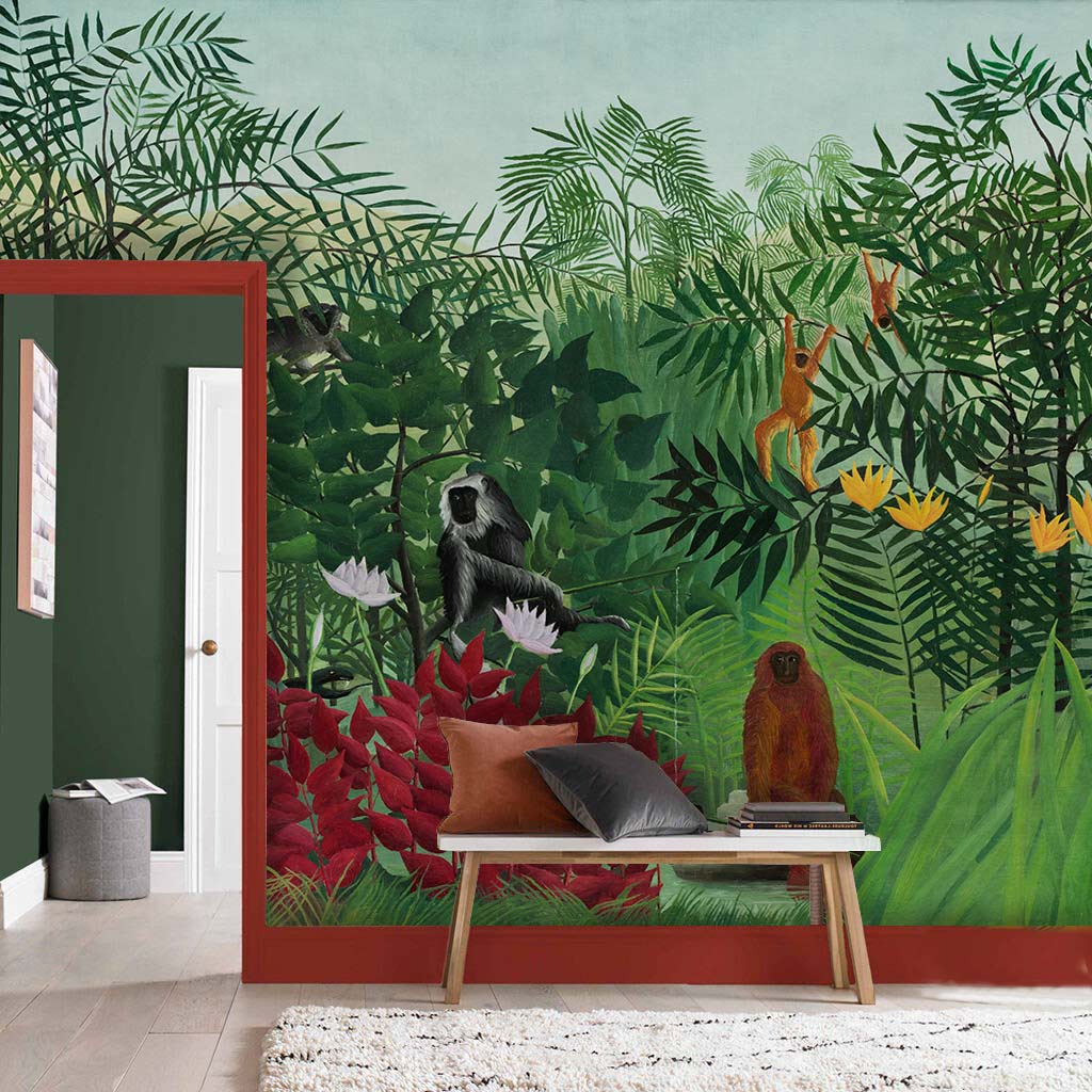 Tropical Jungle Safari Mural Wallpaper with playful monkeys, wooden bench, green room walls, wooden flooring.