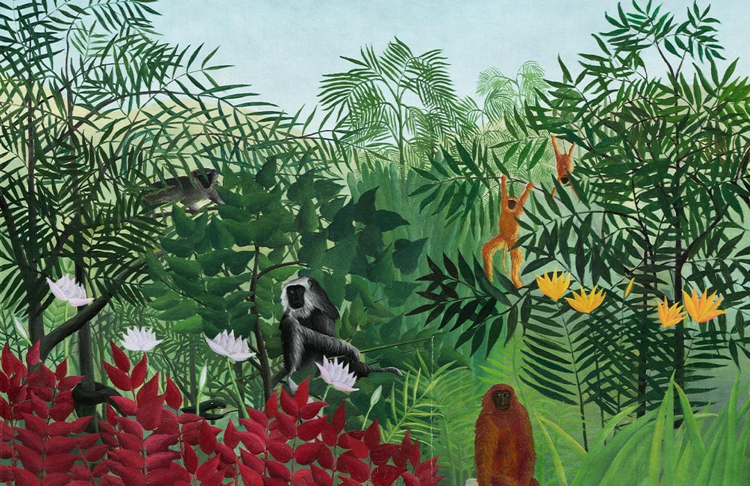 Tropical Jungle Safari Mural Wallpaper with Vibrant Greenery and Playful Monkeys