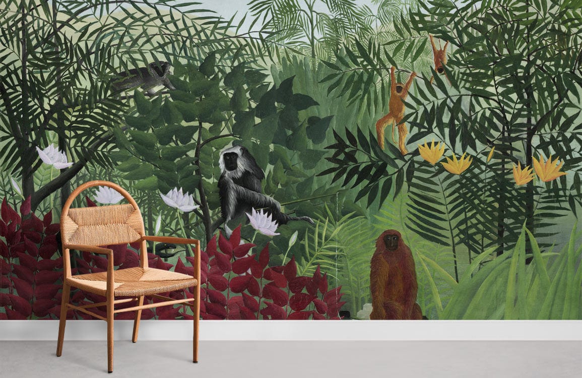 Tropical jungle mural wallpaper featuring playful monkeys, greenery; wooden chair, neutral flooring, living room.