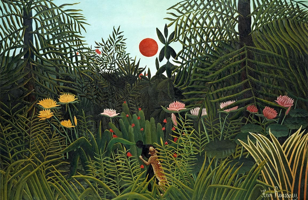 Vintage Jungle Mural Wallpaper with Bold Greenery and Vibrant Red Sun