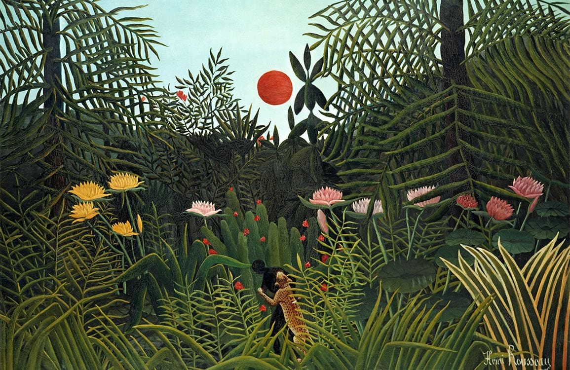 Vintage Jungle Mural Wallpaper with Bold Greenery and Vibrant Red Sun