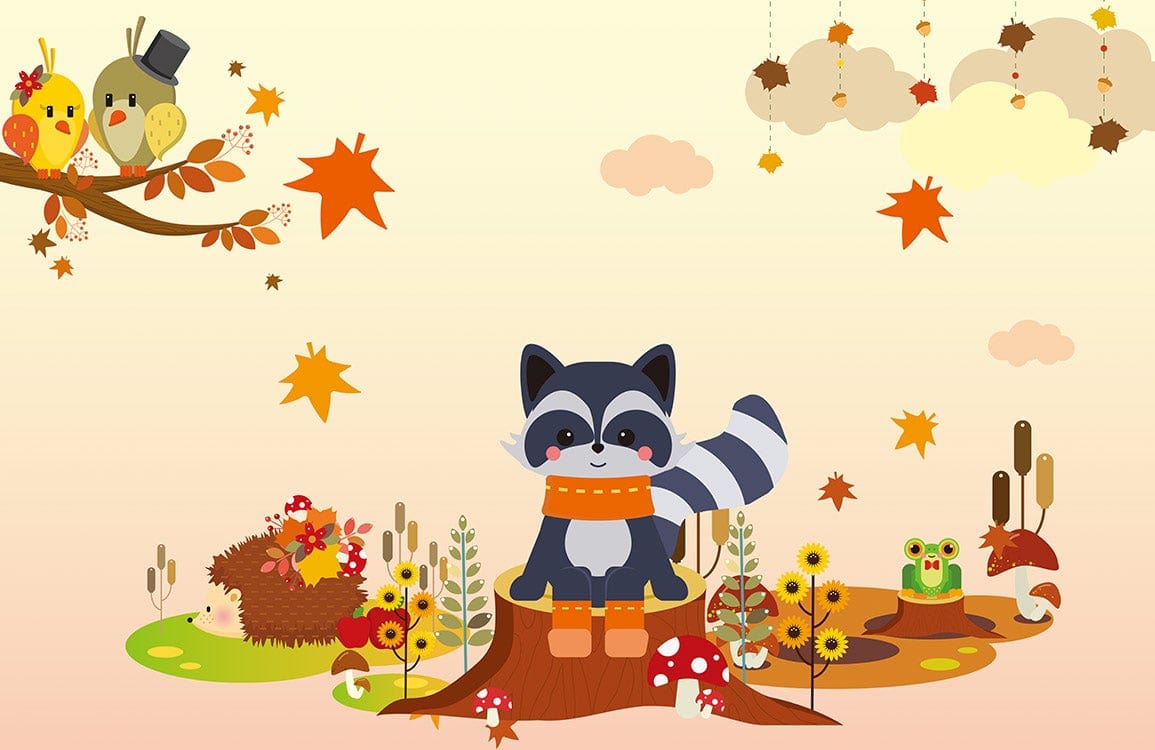 Charming Autumn Raccoon Mural Wallpaper - Children's Room Delight in Warm Hues