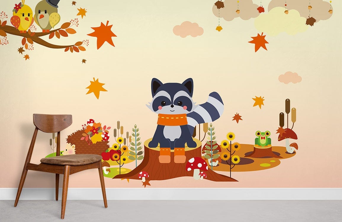 Charming Autumn Raccoon Mural Wallpaper, children's room with wooden chair, featuring warm autumn hues.