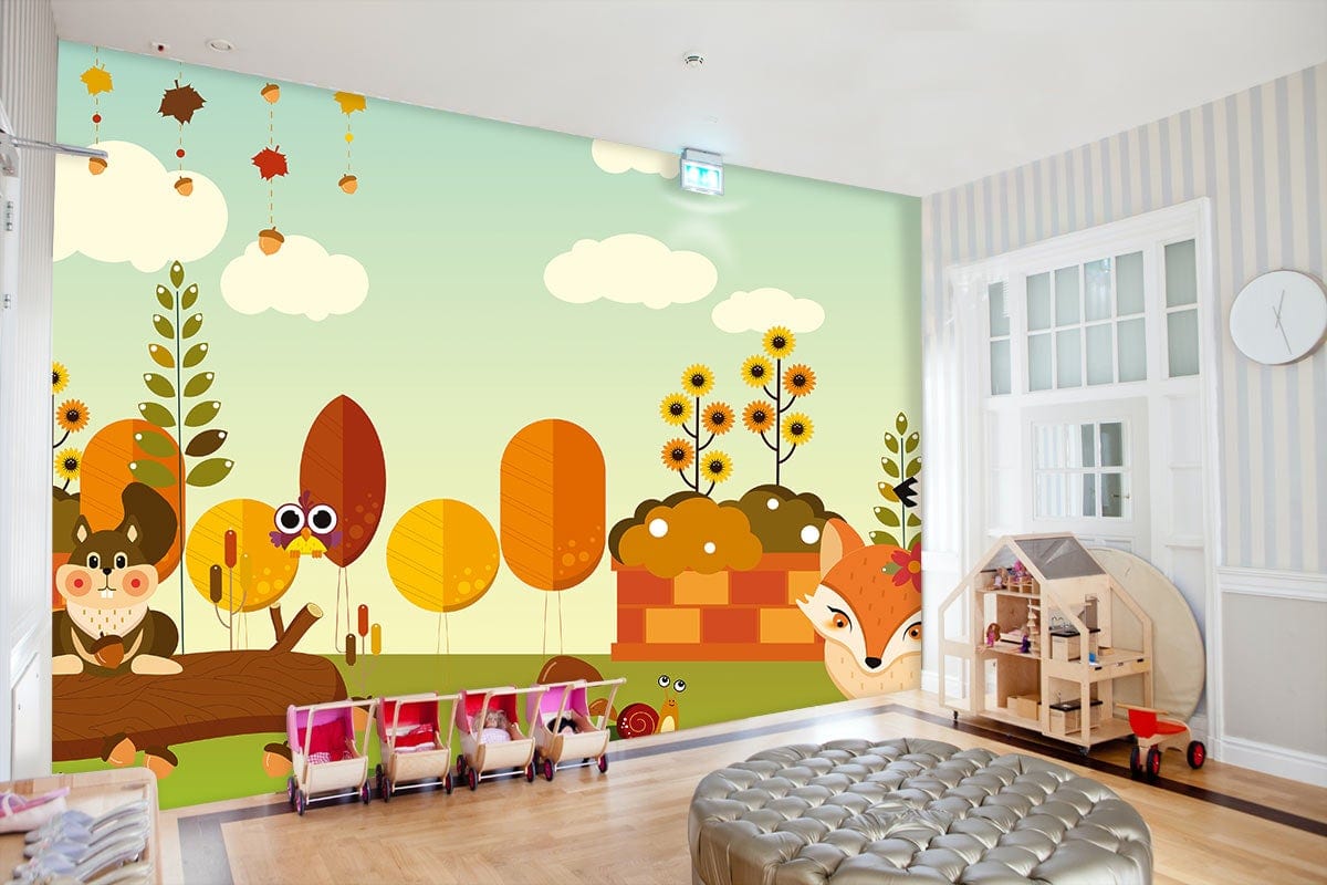 Whimsical Autumn Forest Animal Mural Wallpaper in nursery with wooden floors, striped walls, toy house.