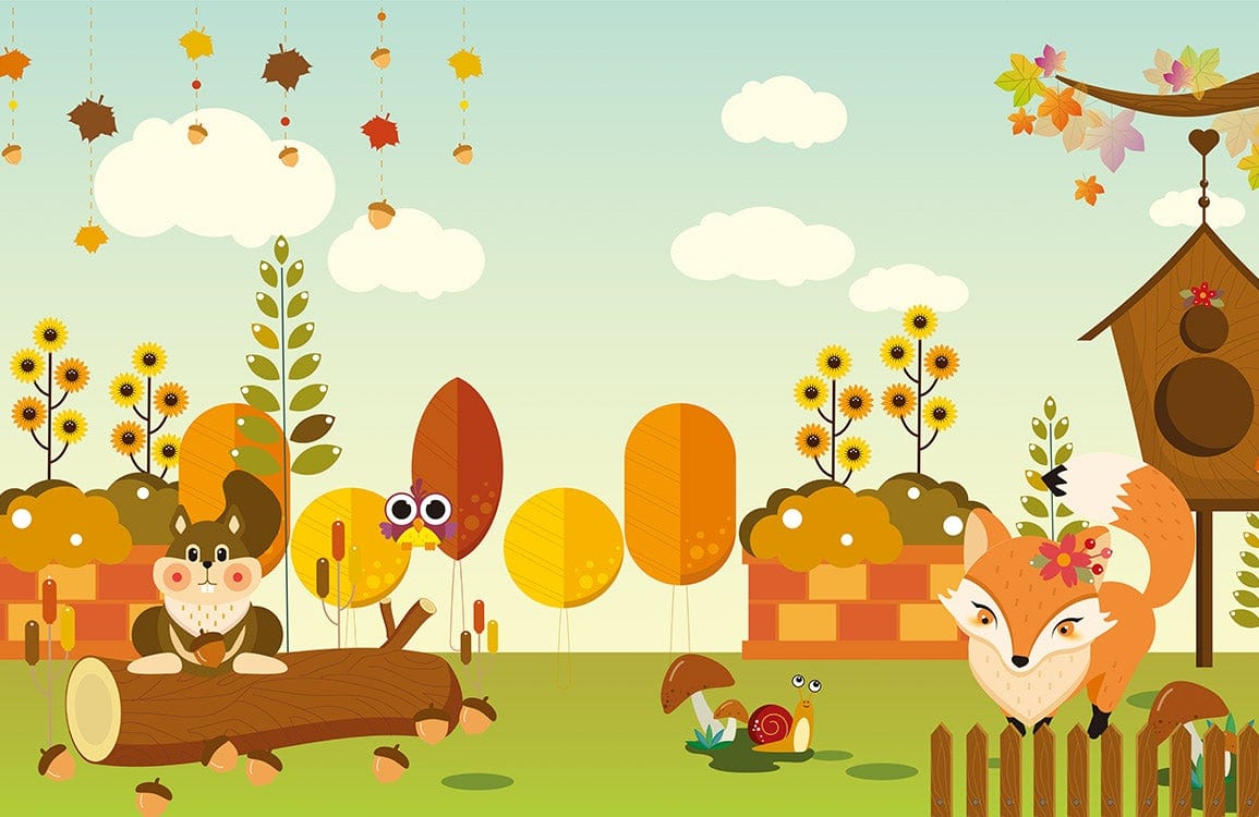 Whimsical Autumn Forest Animal Mural Wallpaper for Kids' Room Decor