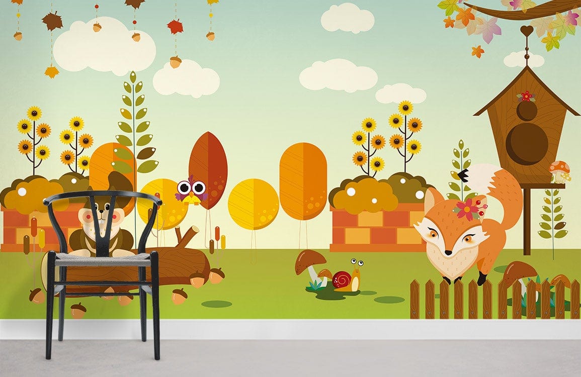Whimsical forest animal mural wallpaper in children's room, colourful wall design, with modern black chair.