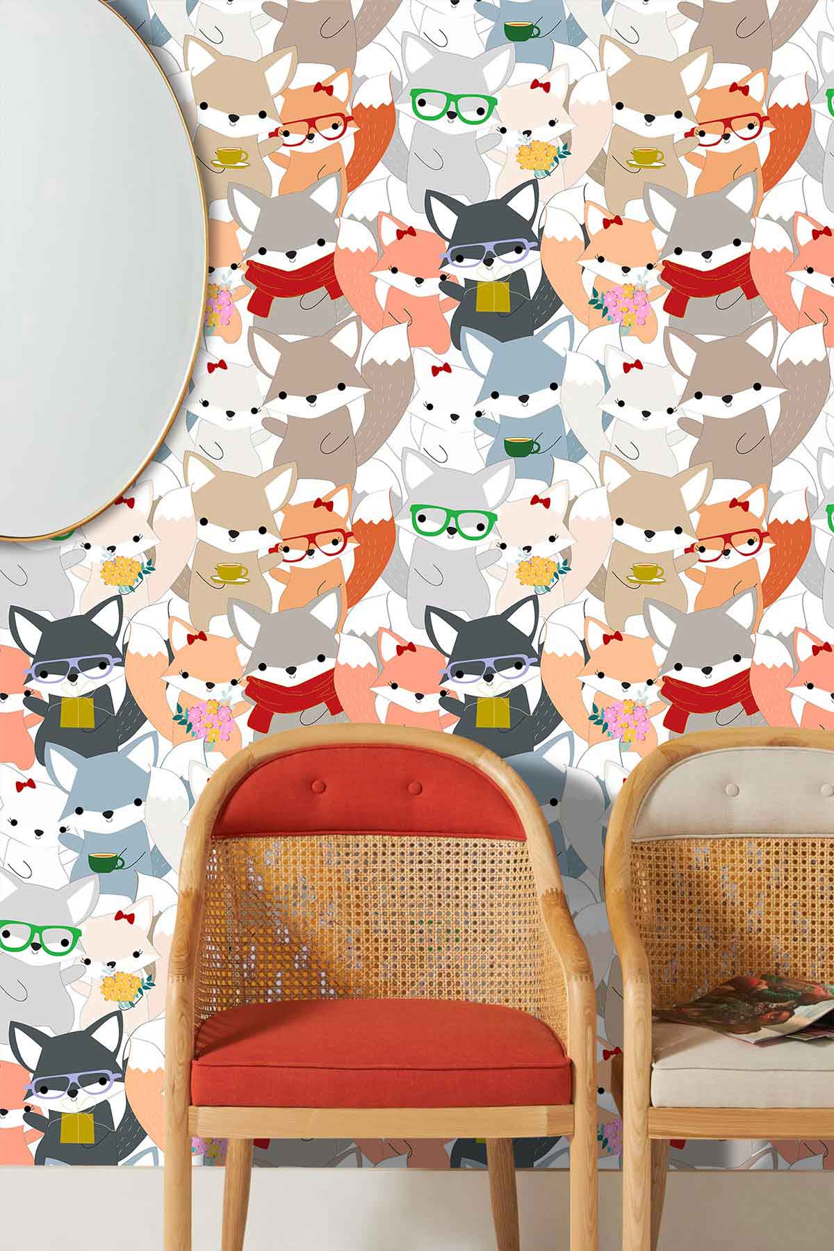 Whimsical Woodland Animals Multicoloured Wallpaper in nursery with red and beige rattan chairs, oval mirror.