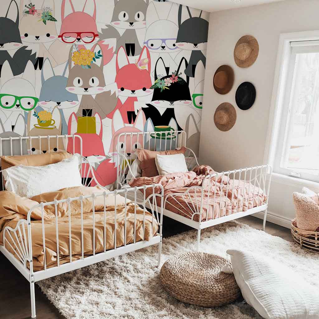 Whimsical multicolour fox children's wallpaper mural, neutral room, twin beds, wall hats, cosy decor.