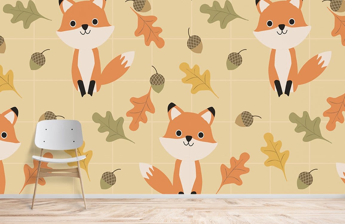 Charming Woodland Fox Kids' Wallpaper with autumn leaves, acorn design, wooden flooring, and chair.