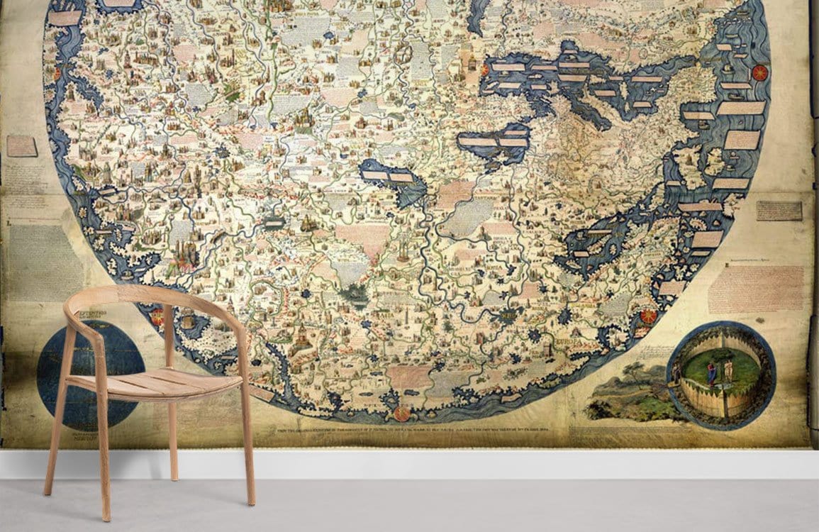Vintage World Map Mural Wallpaper with antique earthy tones, wooden chair, grey floor, wall setting.