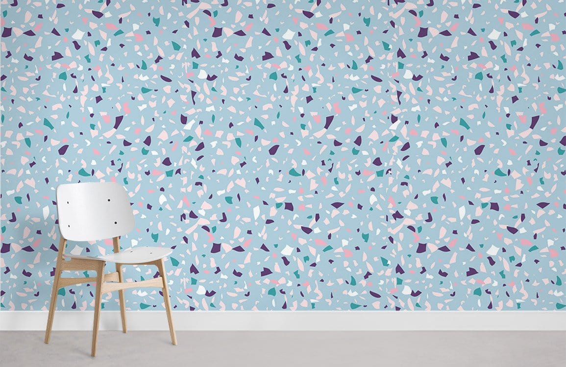 White chair against Elegant Blue Terrazzo Pattern Wallpaper \- Modern Pastel Mosaic Design, living room setting.