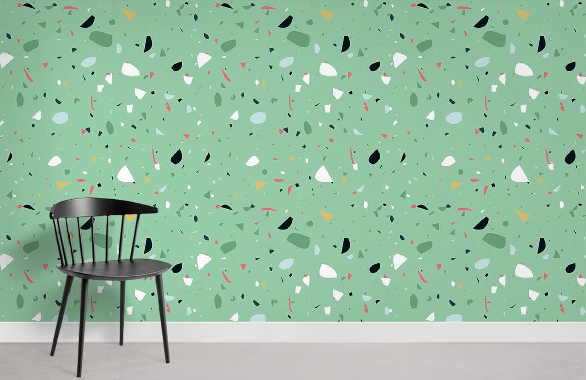 Speckled Terrazzo Mint Green Wallpaper with black chair, contemporary interior decor, living room setting.