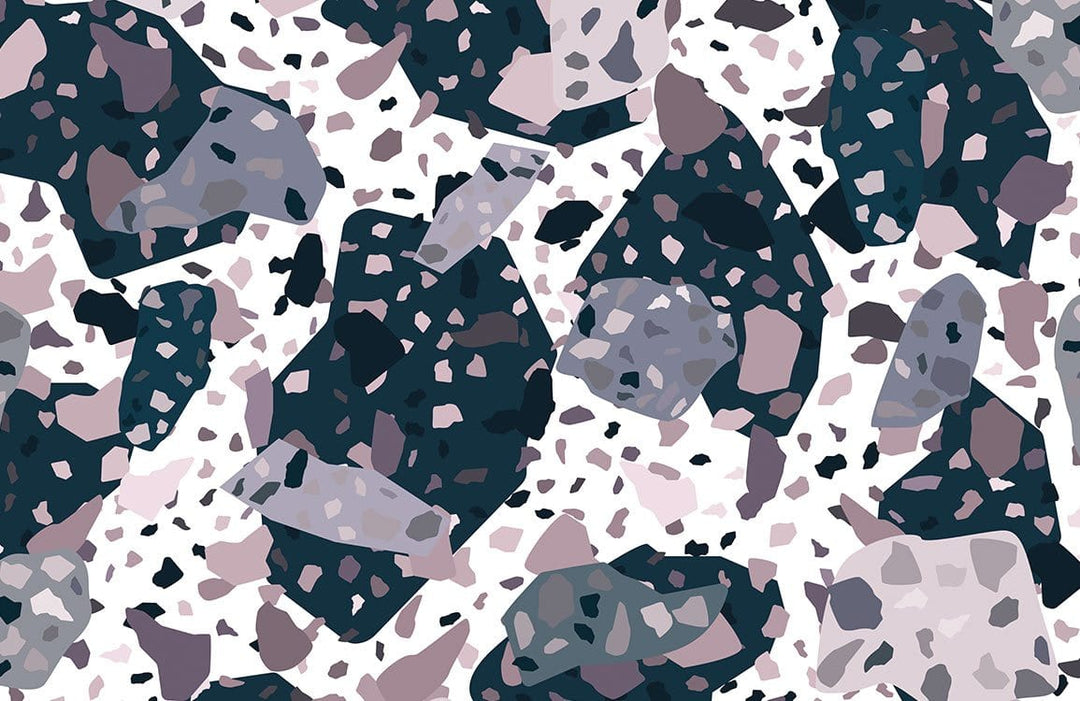 Modern Abstract Terrazzo Pattern Wallpaper in Navy, Grey, and Mauve Tones