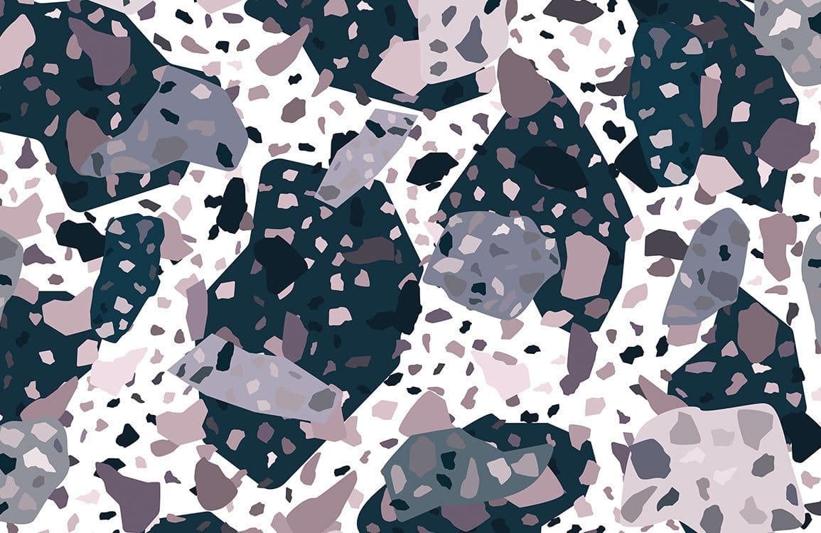 Modern Abstract Terrazzo Pattern Wallpaper in Navy, Grey, and Mauve Tones