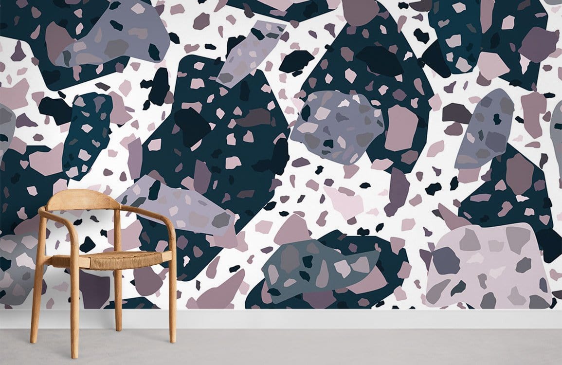 Modern Abstract Terrazzo Pattern Wallpaper; navy, grey, mauve tones. Wooden chair, minimalist room decor.
