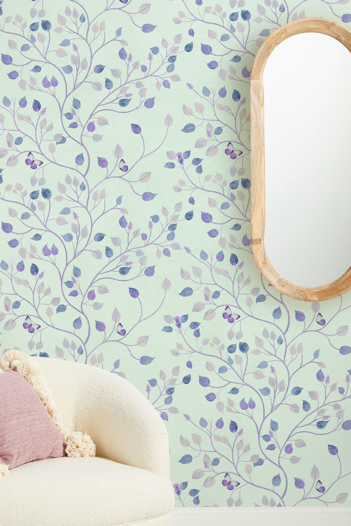 Floral mint green wallpaper, lavender leaves, elegant mirror, cosy white sofa, enhancing elegant interiors.