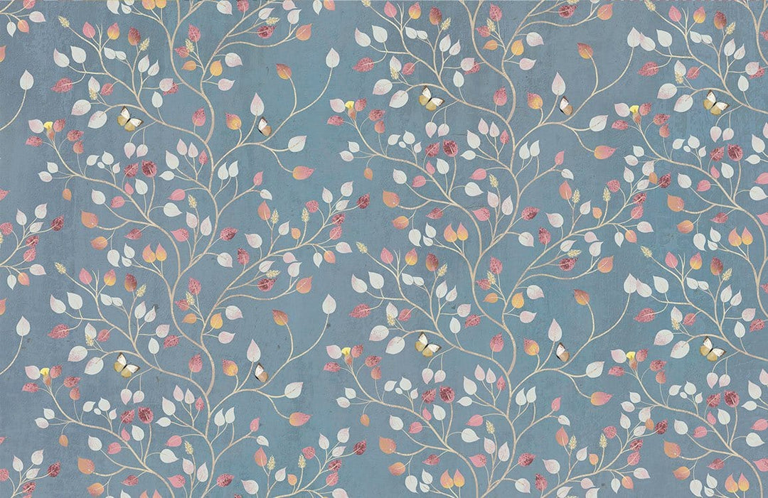 Vintage Blue Botanical Floral Patterned Wallpaper with Autumn Leaves Design