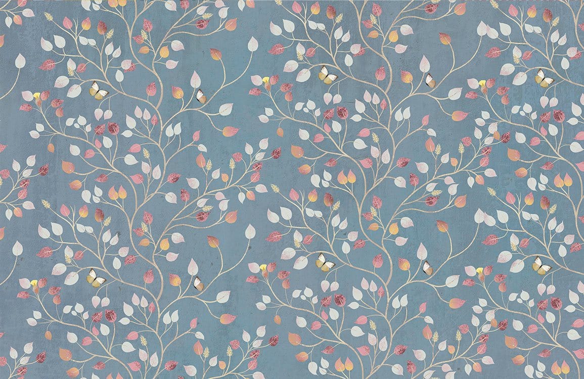 Vintage Blue Botanical Floral Patterned Wallpaper with Autumn Leaves Design