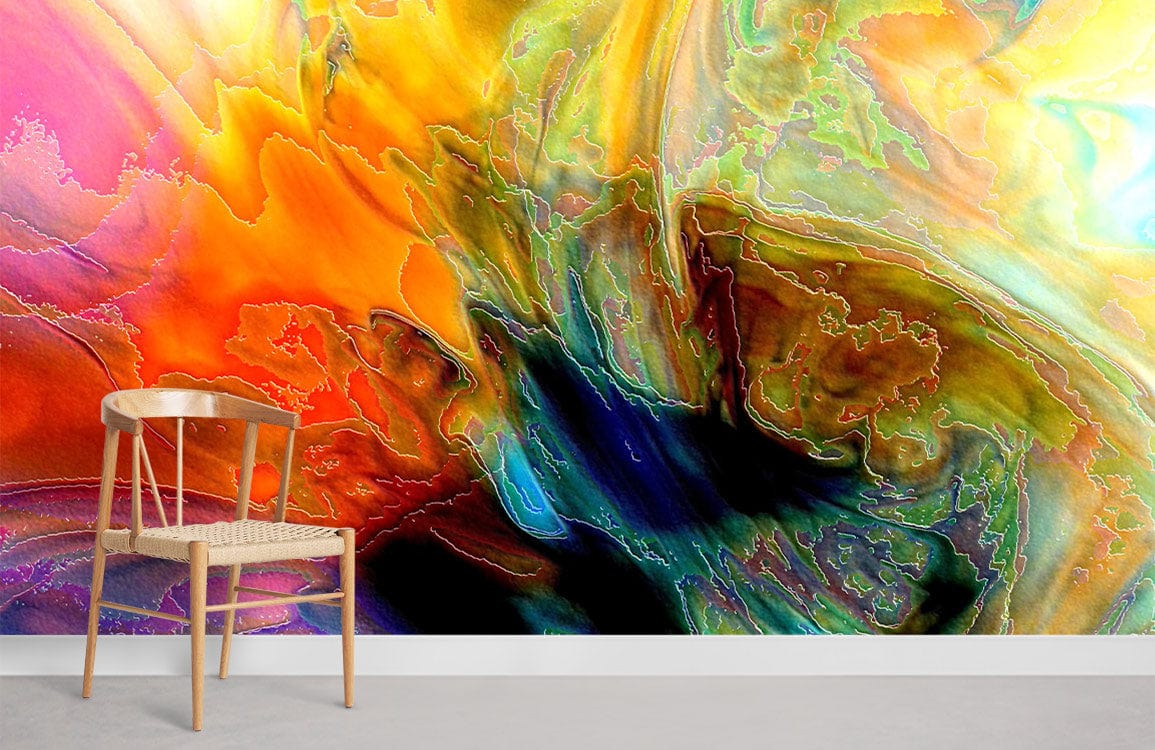 Vibrant abstract wallpaper with wooden chair on light floor; colourful artistic decor for modern spaces.