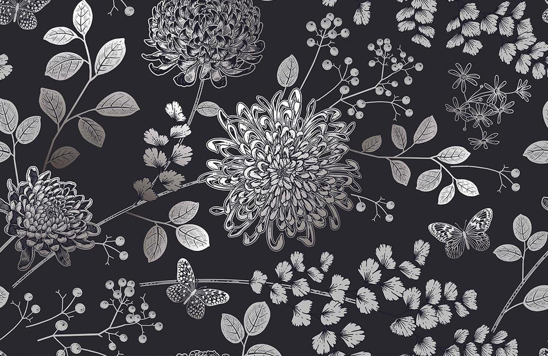 Elegant Grey Botanical Floral Wallpaper with Butterfly Garden Design