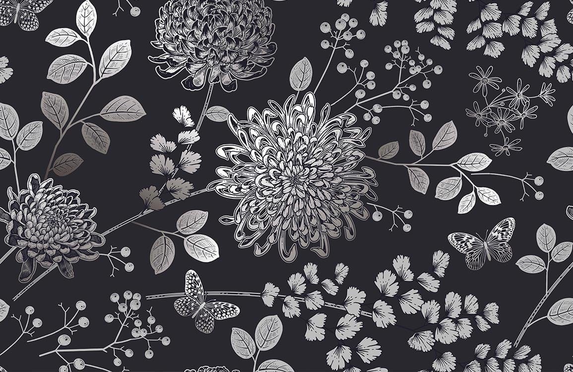 Elegant Grey Botanical Floral Wallpaper with Butterfly Garden Design