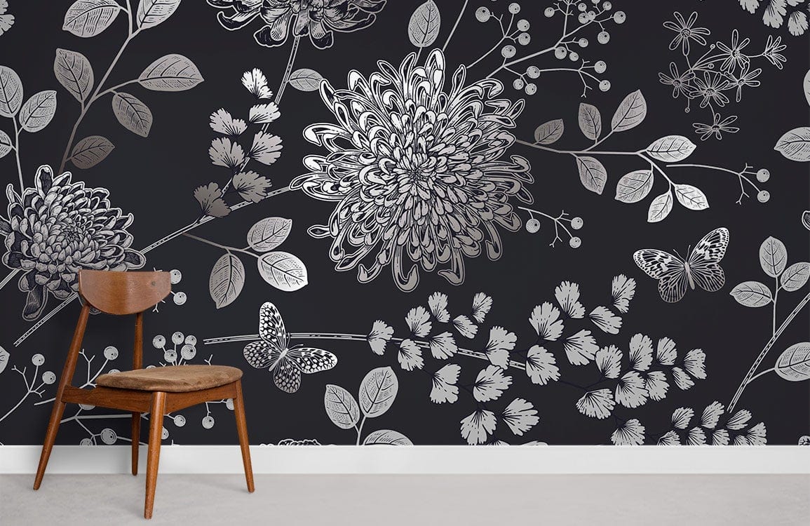 Elegant grey floral wallpaper with butterfly design, wooden chair, floral patterns, dark background.