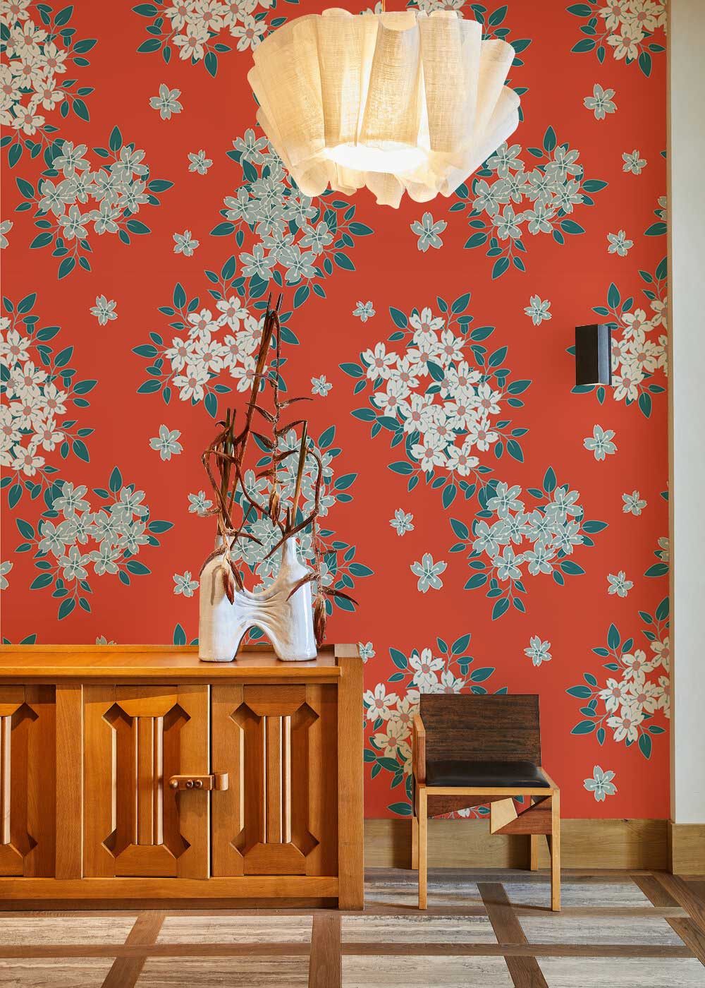 Floral Harmony wallpaper, vintage red and white theme, wooden sideboard, modern chair, pendant light.