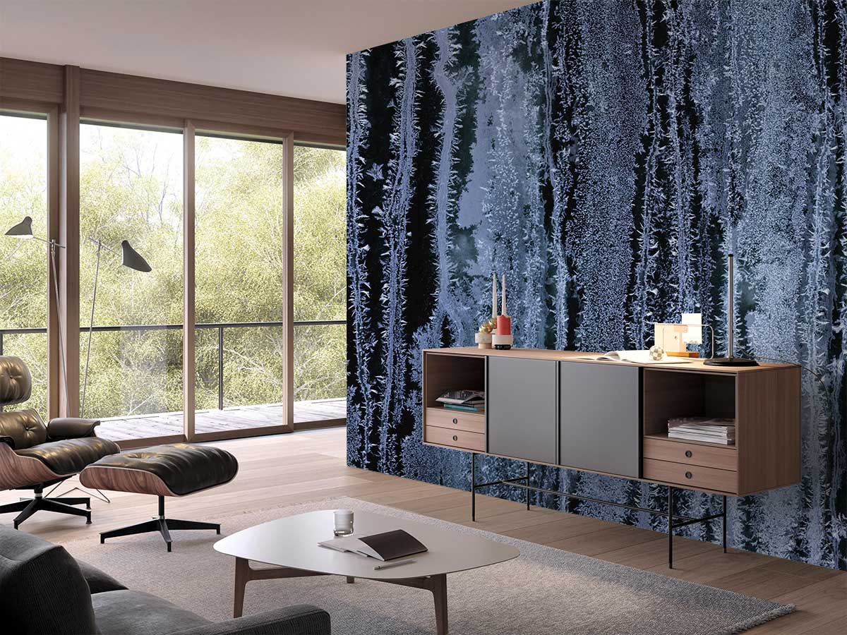 Icy Blue Vertical Texture Wallpaper in modern living room with grey sofa and wooden flooring elegance.
