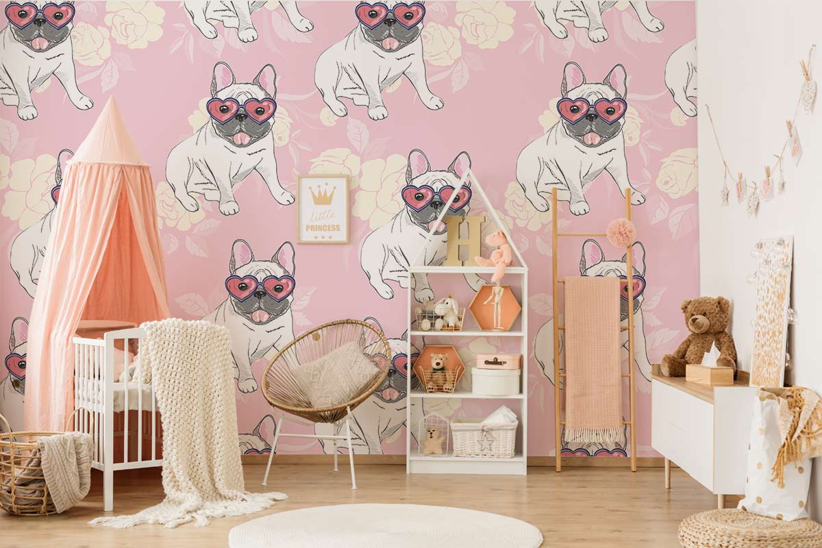 Pastel Bulldog Hearts Wallpaper, pink nursery decor, wooden cot, cosy chair, softwood floor, playful theme.