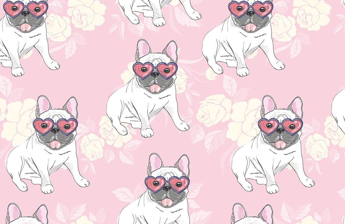 Playful Pastel Bulldog Hearts Pink Floral Pattern Wallpaper Décor