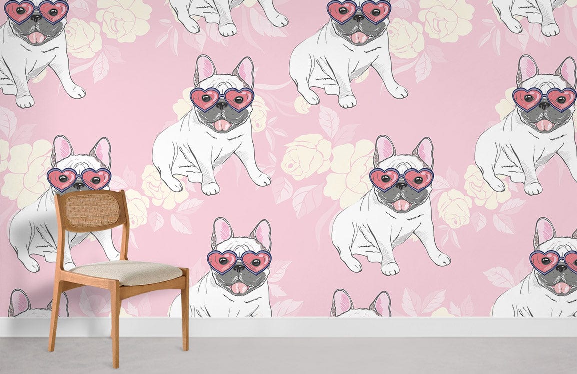 Playful Pastel Bulldog Hearts Pink Floral Wallpaper in room with modern wooden chair, grey carpet.