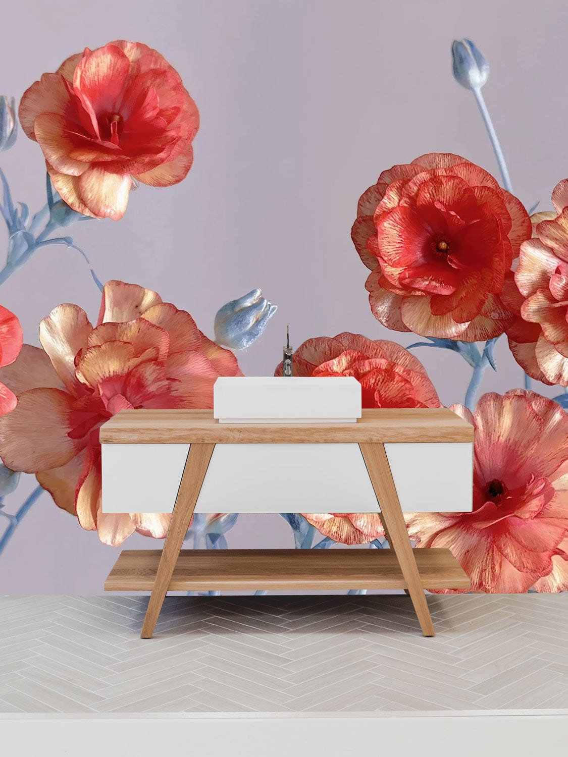 Vintage coral floral mural wallpaper with soft blue accents; mid-century console; herringbone floor.