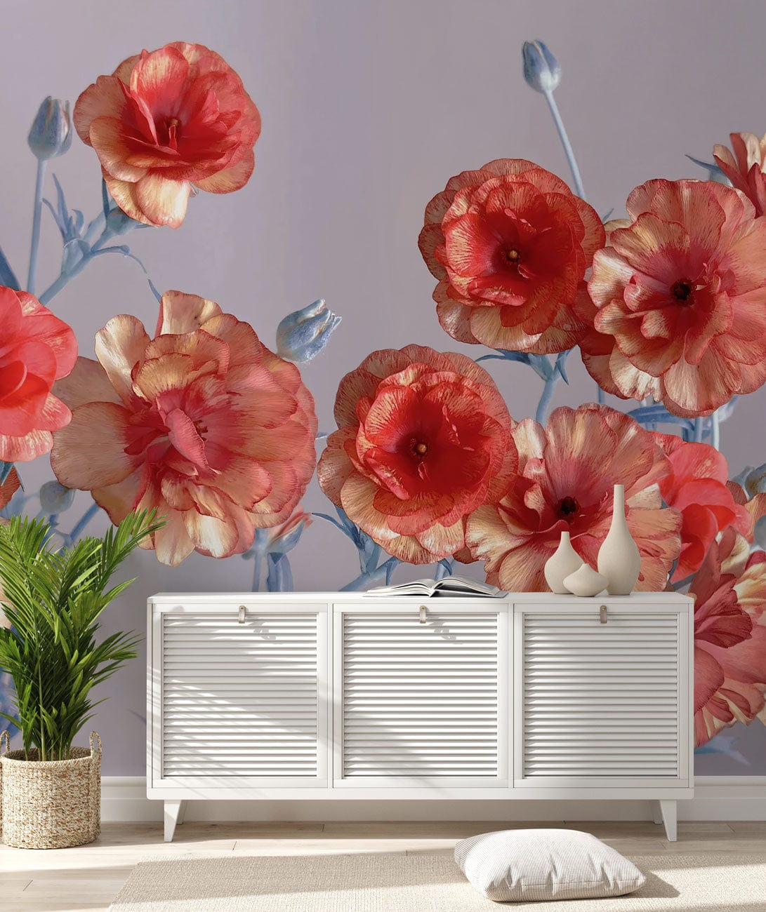 Vintage Coral Floral Mural Wallpaper with soft blue accents, white sideboard, and soft carpet flooring.