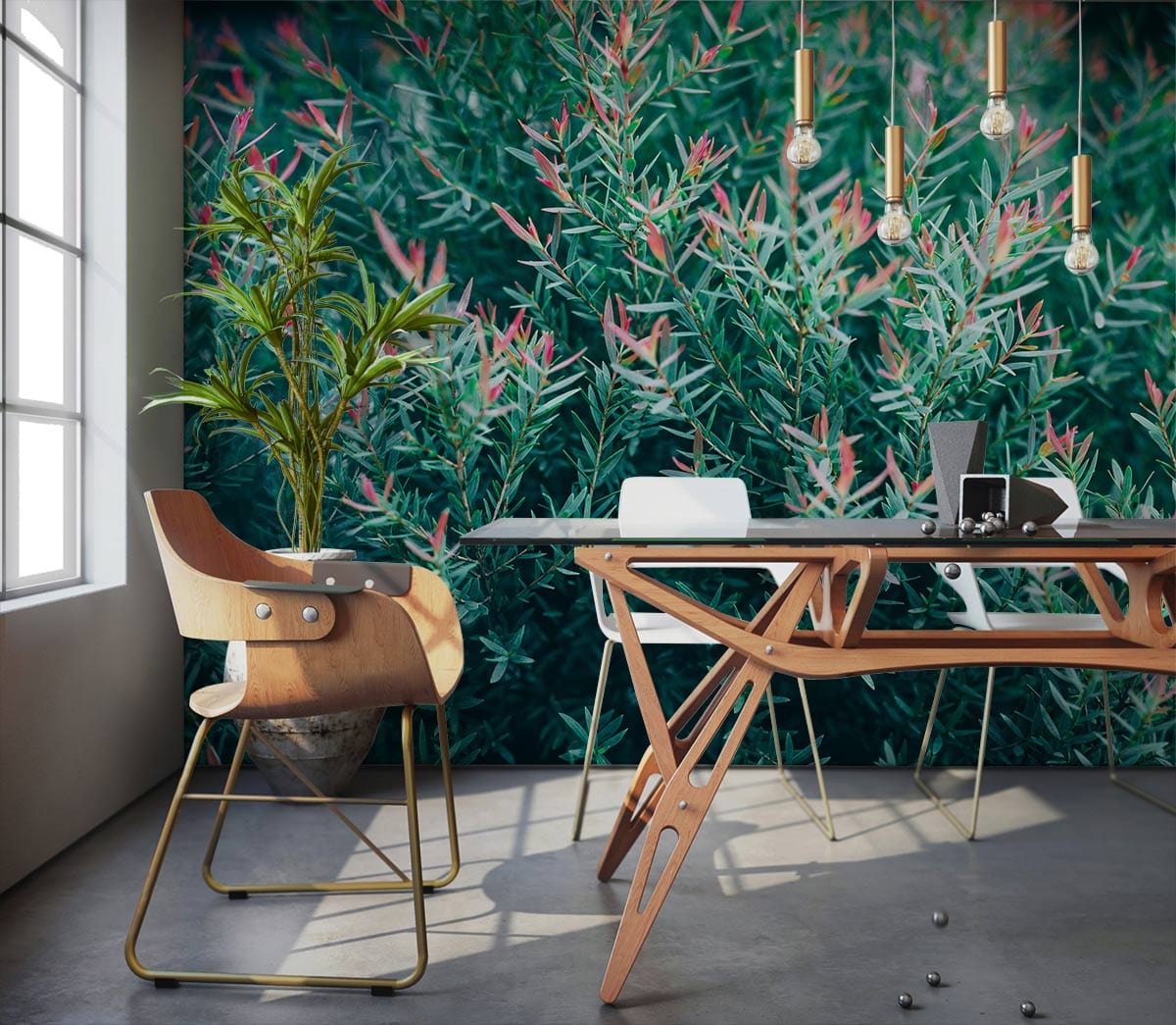 Vibrant botanical mural wallpaper in modern dining room with wooden furniture, pendant lights, concrete flooring.