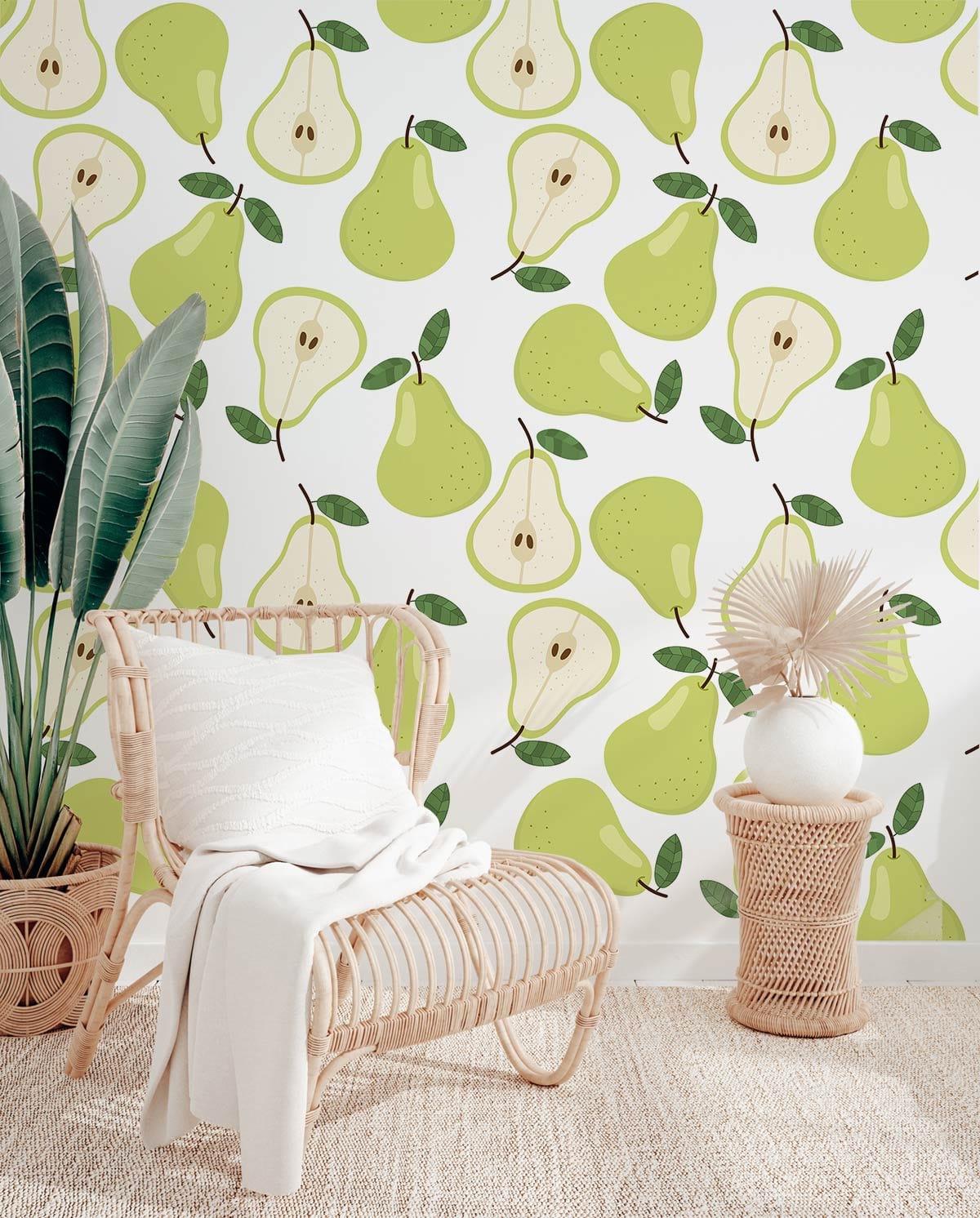 Retro Pear Bliss wallpaper in kitchen with wicker chair, neutral rug, and potted plant decor.