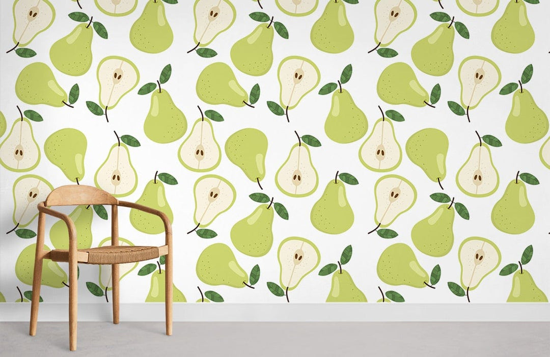 Retro Pear Bliss wallpaper in kitchen with wooden chair and grey flooring; green fruit pattern design.