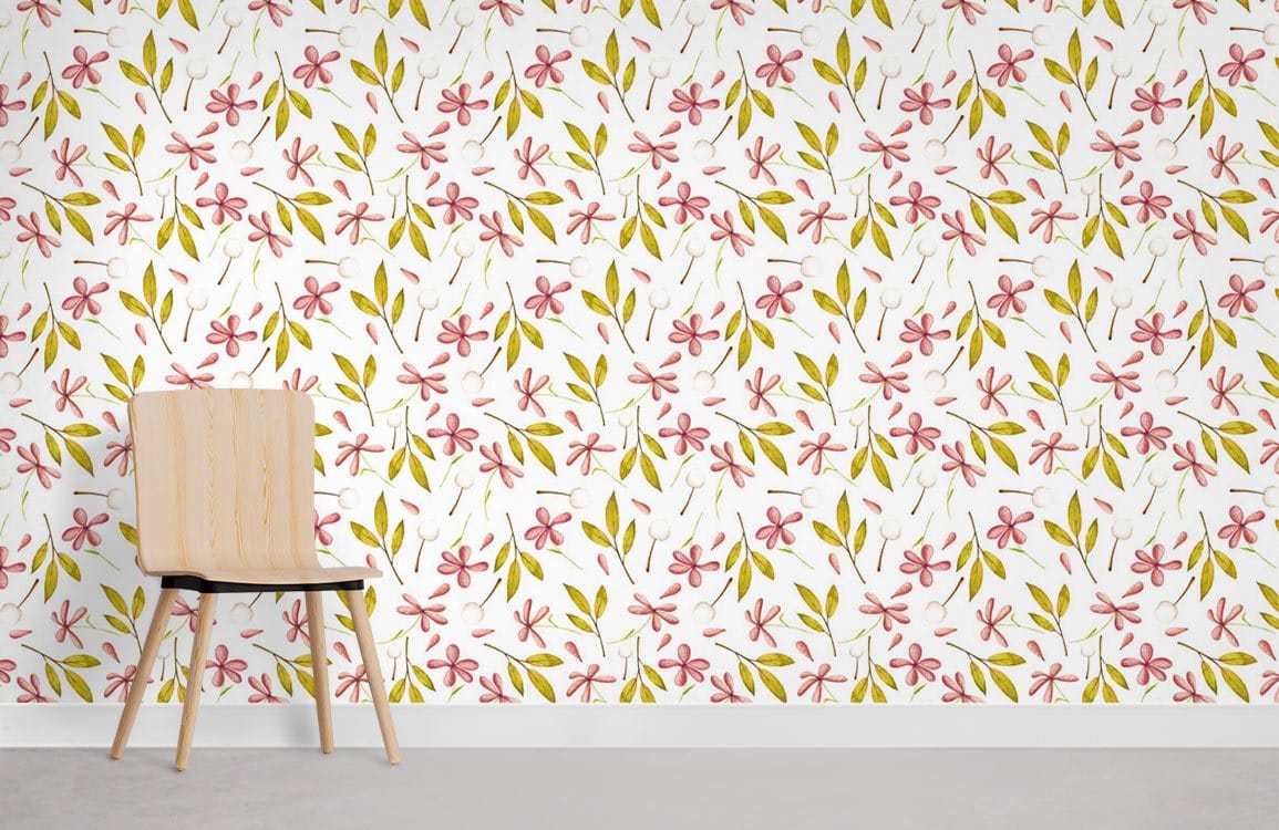 Charming Pink Floral Leaf Pattern Wallpaper with wooden chair, elegant green and white, sleek decor.