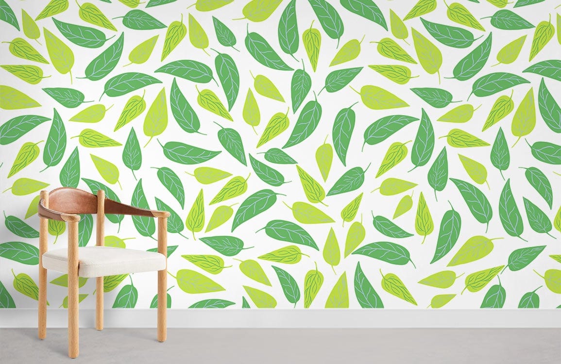 Green leaf patterned wallpaper, wooden chair, modern living room, grey floor, botanical theme.