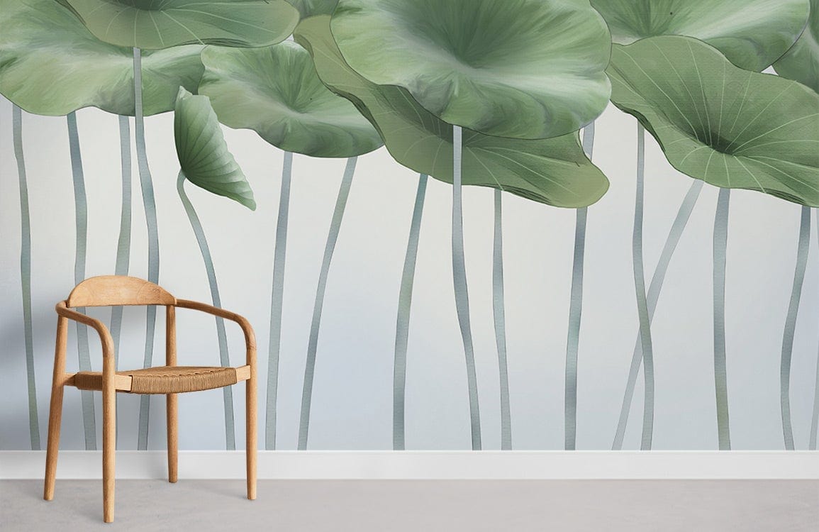 Serene Green Lotus Mural Wallpaper in modern room with wooden chair, beige carpet flooring.