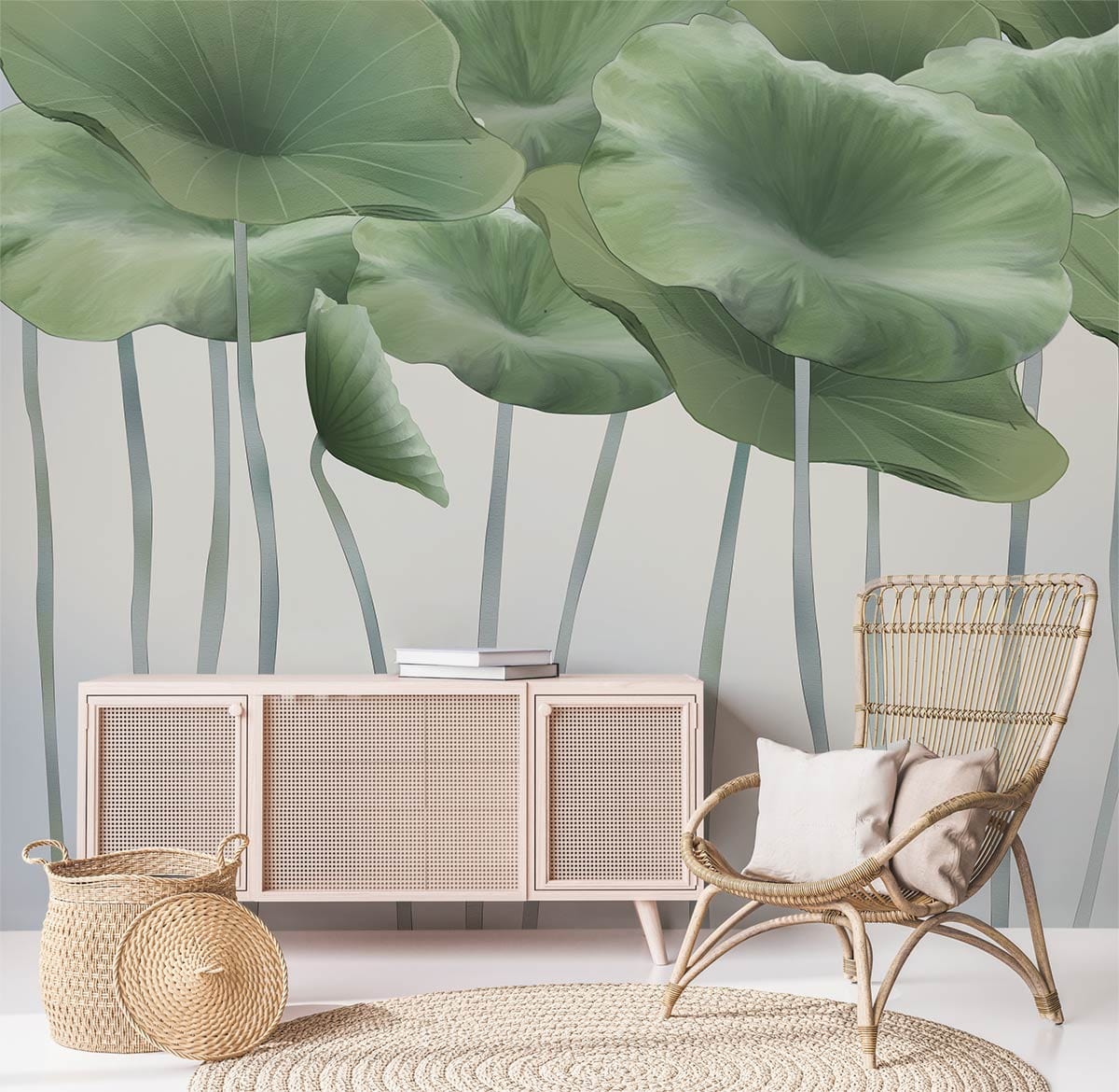 Serene Green Lotus Leaves Mural Wallpaper in living room, rattan chair, light wood sideboard, woven rug.