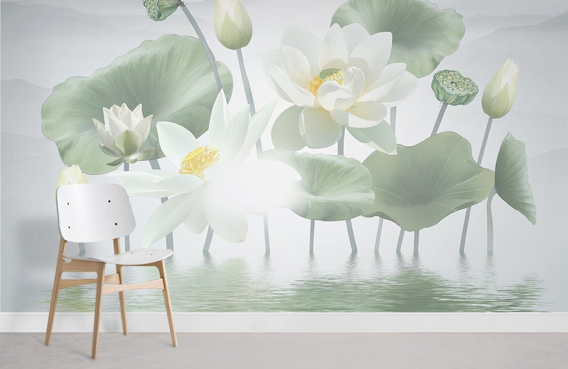 Tranquil Sage Green Lotus Pond Mural Wallpaper, serene wall art, chair, grey flooring, peaceful Décor.