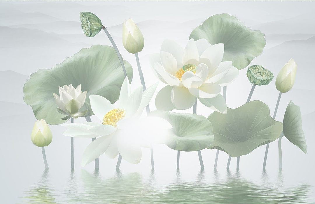 Tranquil Sage Green Lotus Pond Mural Wallpaper for Serene Spaces Décor