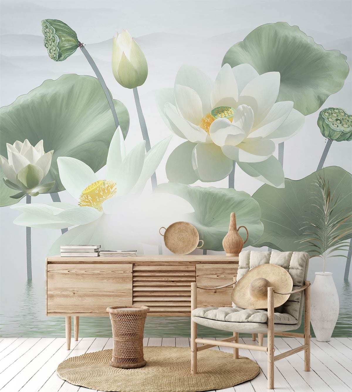 Tranquil Sage Green Lotus Pond Wall Mural in serene room with wooden furniture, wicker stool, rattan rug.