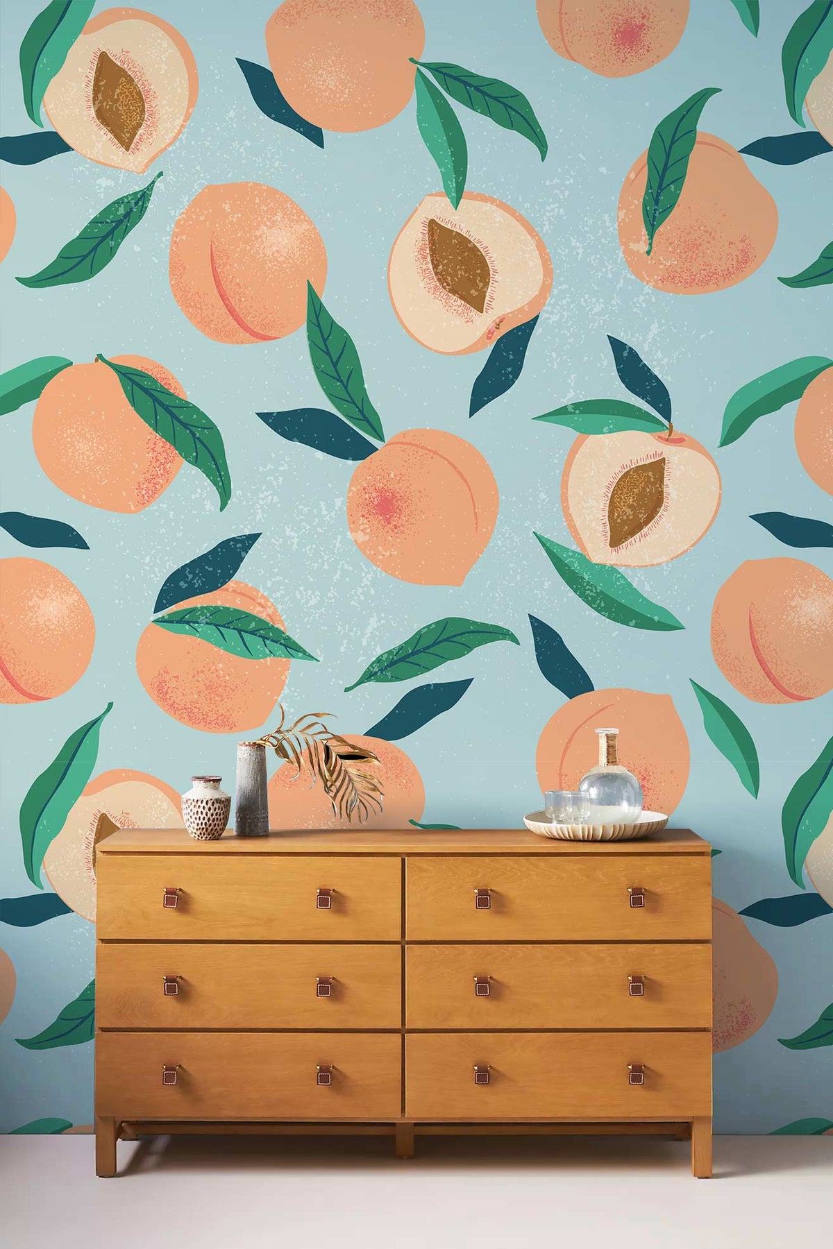 Peachy Paradise Pastel Blue Botanical Wallpaper with Mid-Century Dresser in Living Room, Dimensions Not Visible