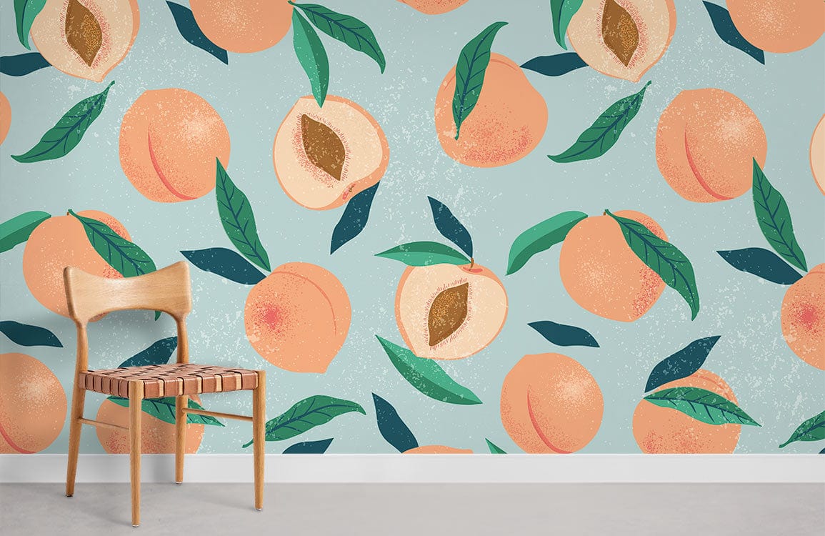 Peachy Paradise wallpaper with pastel blue, botanical pattern; featuring wooden chair in modern room setting.