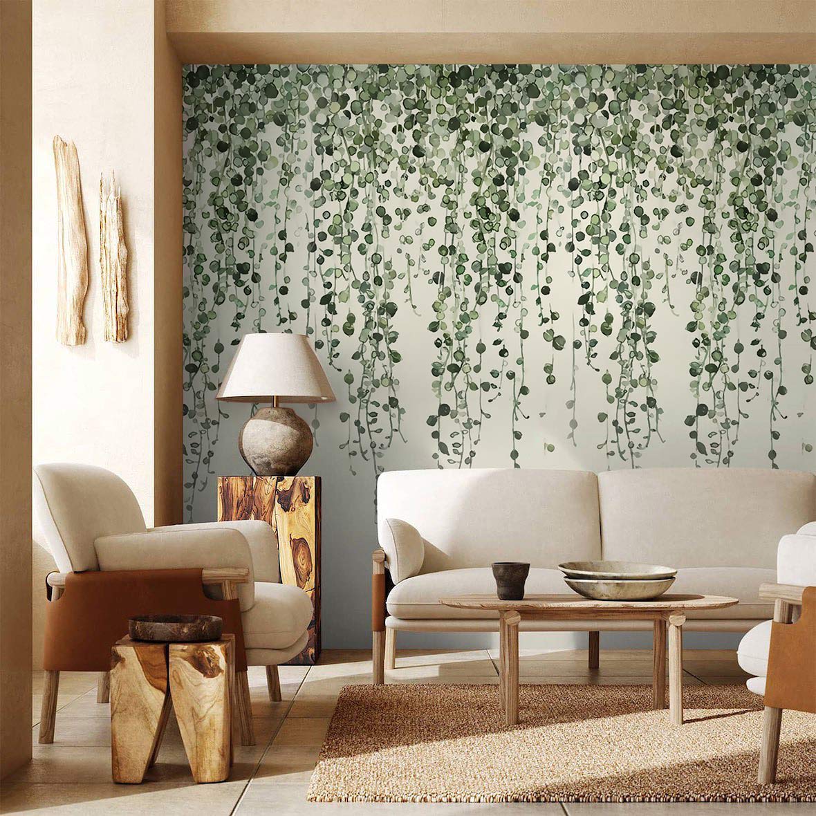 Elegant Green Vines Watercolour Mural Wallpaper in living room, beige sofa, wooden flooring, neutral walls.