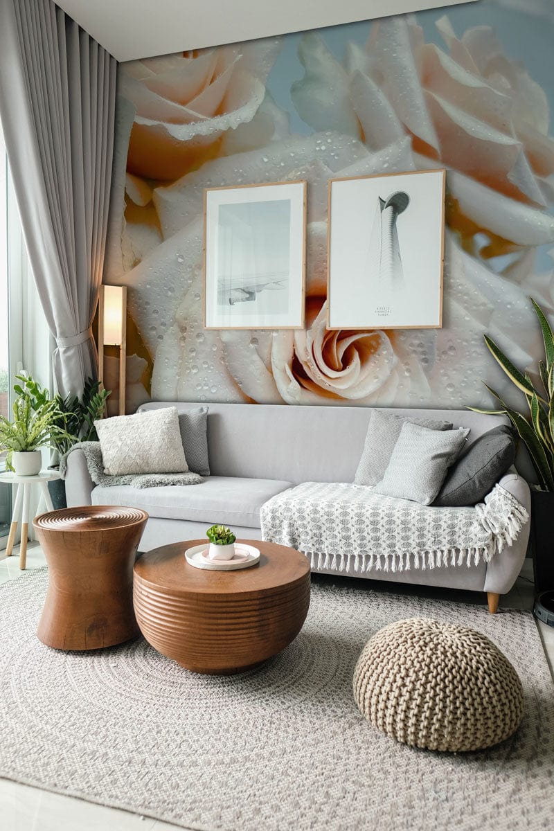 Elegant Cream Rose Blooms Wallpaper in living room with grey sofa, wooden tables, soft beige rug.