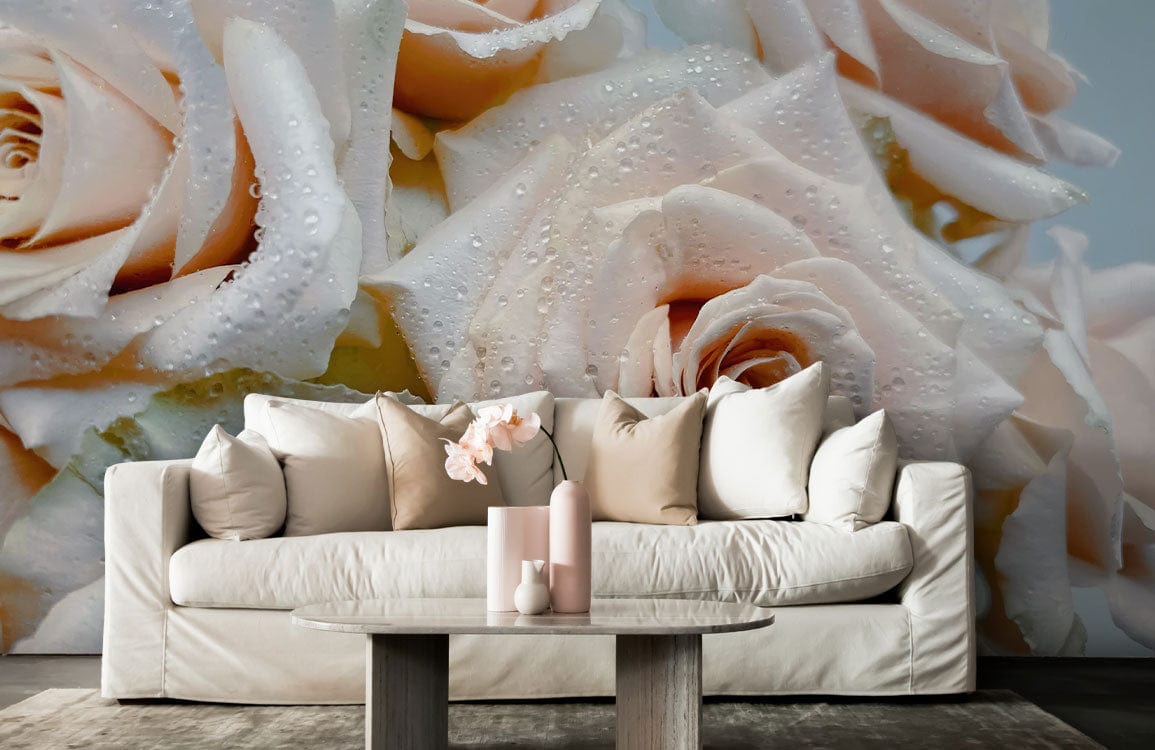 Elegant Cream Rose Blooms wallpaper; soft hues, cream sofa, modern coffee table, plush living room setting.